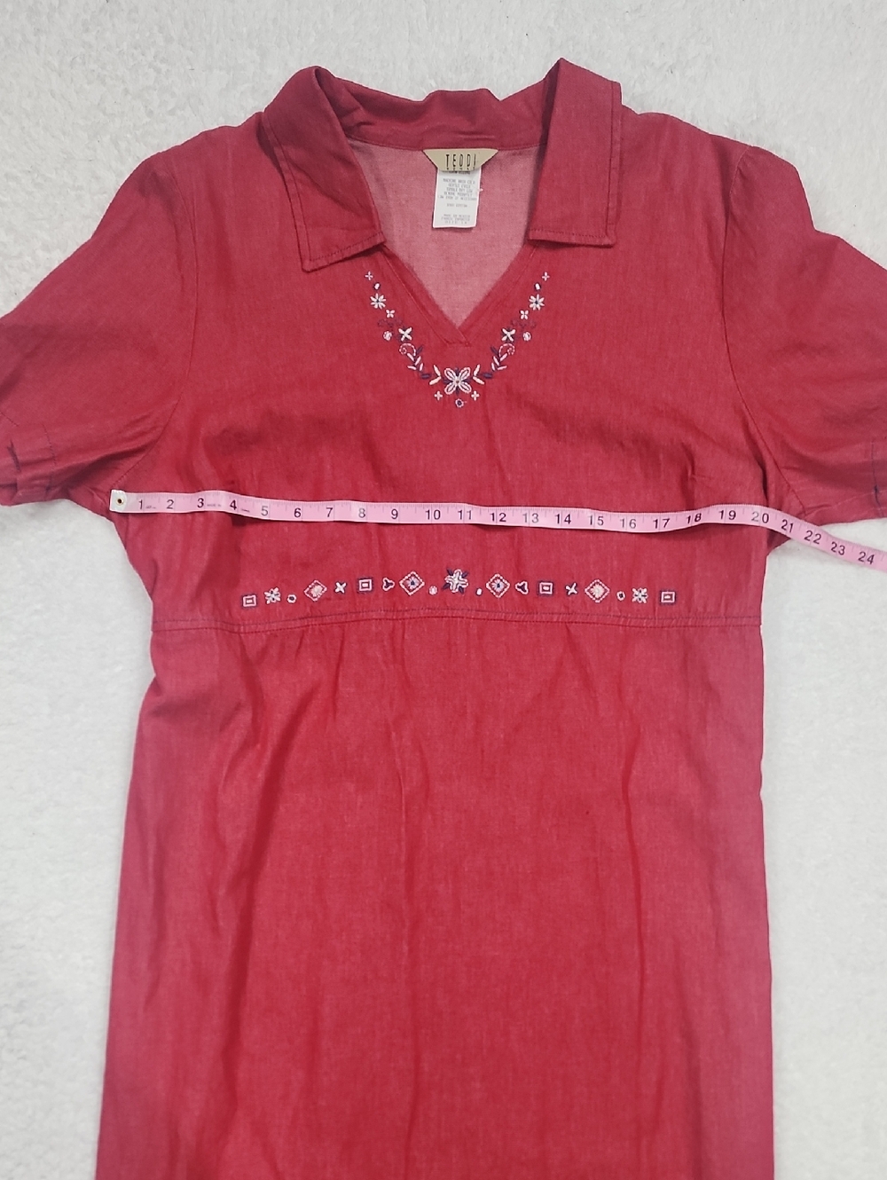 Vintage Teddi Red Denim Darlin Embroidered Short Sleeve Dress Rare Midi NWT - Picture 4 of 9